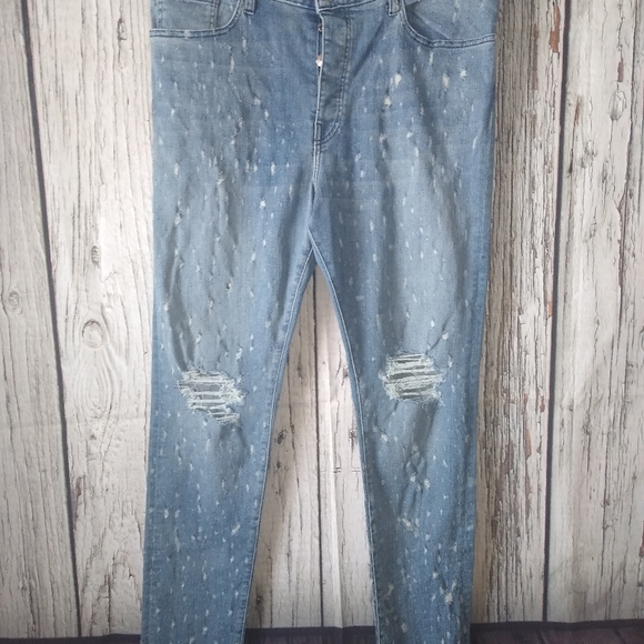 Keiser Clark Los Angeles Blue Denim Button Fly Distressed Slim Straight Jeans 38